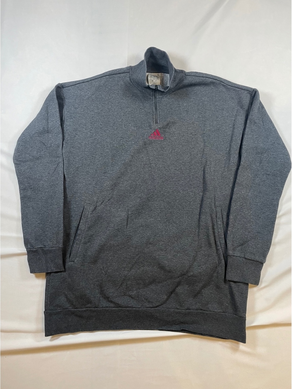 Adidas Women's Dark Gray Quarter Zip Fleece Sweatshirt Embroidered Pink Logo S